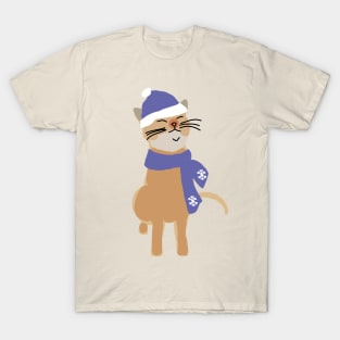 Winter Kitty Cat Wearing Blue Hat and Scarf T-Shirt